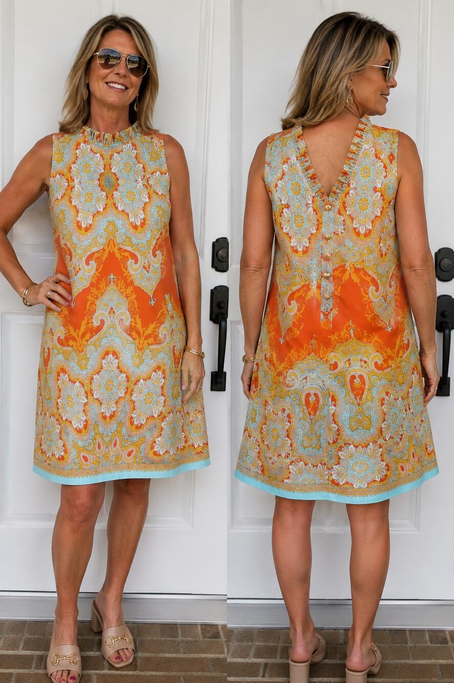 Tyler Boe Ella Orange Medallion Paisley Mini Shift Dress Ruffle Neck Size XS
